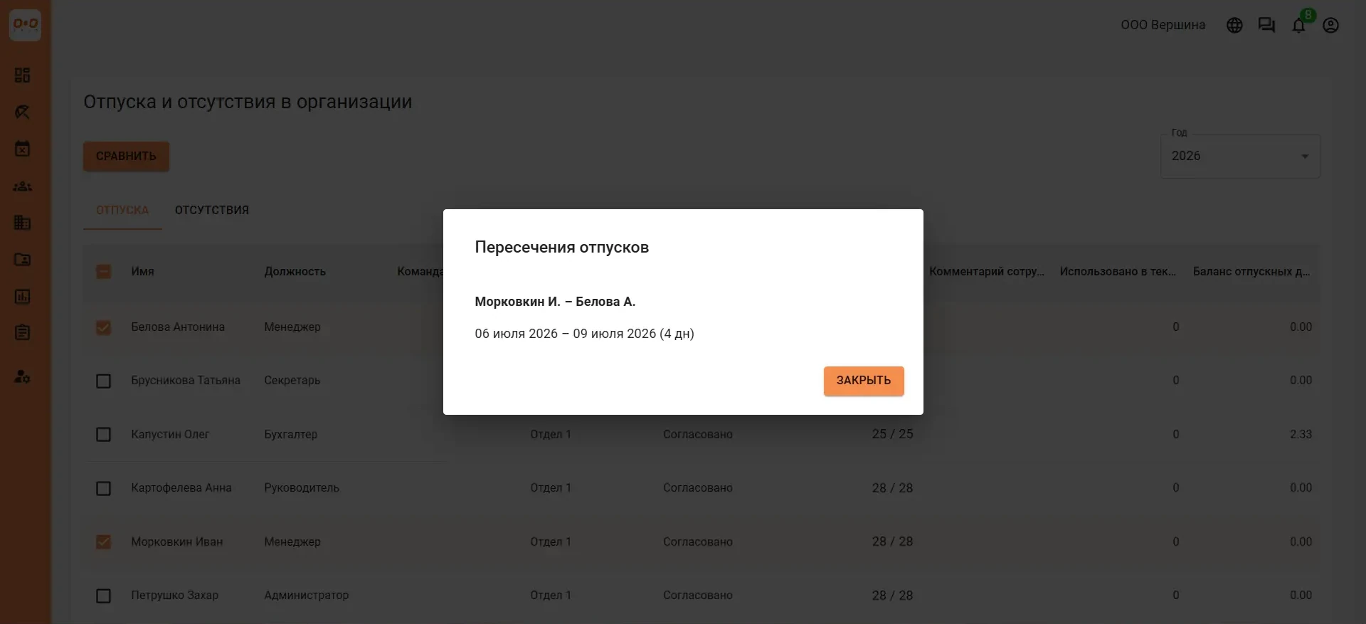 Экран ТриО показывает пересечение отпусков участников команды